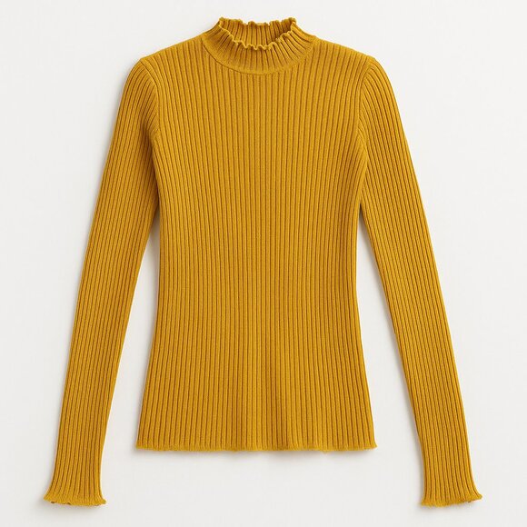 Mustard Yellow Ribbed Knit Sweater - Lettuce Mock Neck, Warm & Cozy (M) - Picture 1 of 3